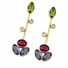 Peridot Tourmaline Blue Quartz Cz Gemstone Gold Plated Designer Earrings