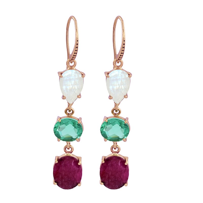 Apatite Ruby Moonstone 925 Sterling Silver Gold Plated Dangle Earrings