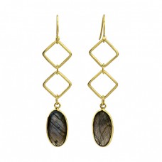 Labradorite Oval Shape Gemstone 925 Sterling Silver Gold Plated Earrings