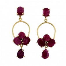 925 Sterling Silver Ruby Gemstone Gold Plated Handmade Stud Dangle Earrings