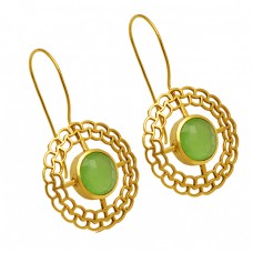 Filigree Designer Prehnite Chalcedony Gemstone 925 Sterling Silver Gold Plated Fixed Ear Wire Earrings 