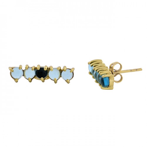 Blue Quartz Round Shape Gemstone 925 Sterling Silver Gold Plated Stud Earrings