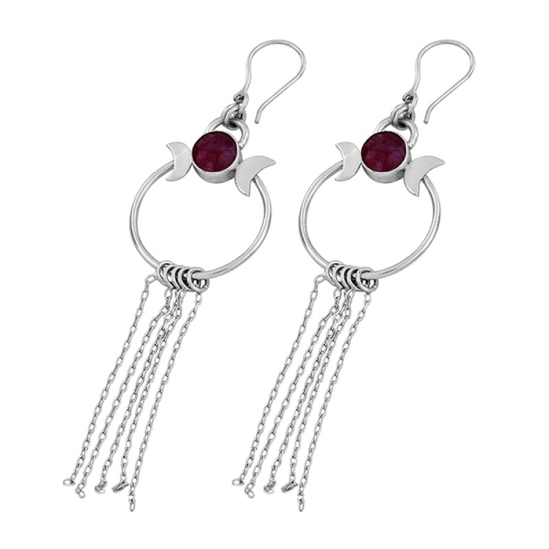 925 Sterling Silver Round Shape Ruby Gemstone Gold Plated Dangle Earrings