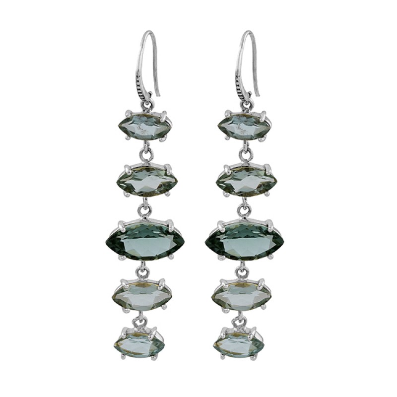 Green Amethyst Marquise Shape Gemstone 925 Silver Gold Plated Earrings