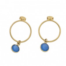 Blue Chalcedony Round Shape Gemstone 925 Silver Gold Plated Stud Earrings