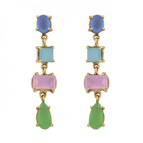 925 Sterling Silver Chalcedony Gemstone Gold Plated Prong Setting Earrings