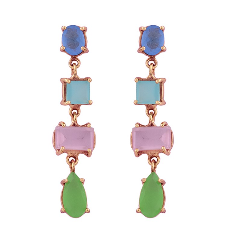 925 Sterling Silver Chalcedony Gemstone Gold Plated Prong Setting Earrings