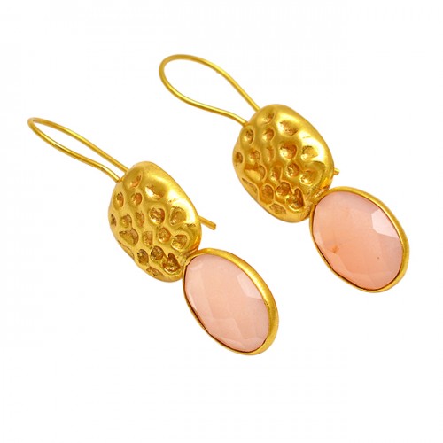 Briolette Oval Rose Chalcedony Gemstone 925 Sterling Silver Gold Plated Fixed Ear Wire Earrings