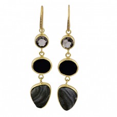 Smoky Quartz Black Onyx Druzy Gemstone 925 Silver Gold Plated Dangle Earrings