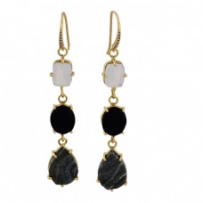 925 Sterling Silver Moonstone Onyx Druzy Gemstone Gold Plated Dangle Earrings