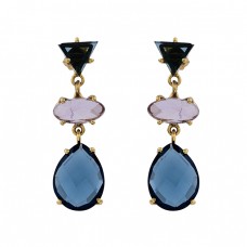 Blue Pink Color Quartz Gemstone 925 Sterling Silver Gold Plated Stud Earrings