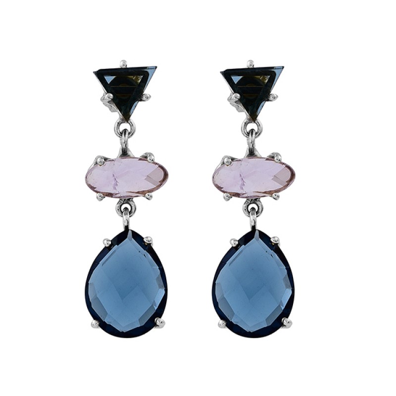 Blue Pink Color Quartz Gemstone 925 Sterling Silver Gold Plated Stud Earrings