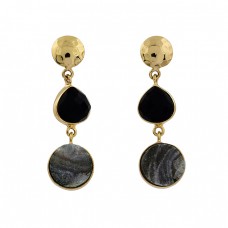 Black Onyx Druzy Gemstone 925 Sterling Silver Gold Plated Stud Dangle Earrings