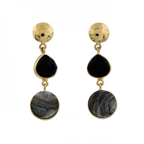 Black Onyx Druzy Gemstone 925 Sterling Silver Gold Plated Stud Dangle Earrings