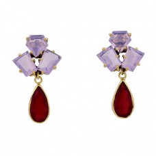 925 Sterling Silver Moonstone Ruby Gemstone Gold Plated Stud Dangle Earrings