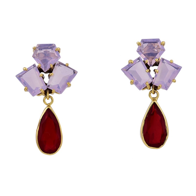 Dyed Ruby Gemstone Hammered Design Gold Plated 925 Silver Stud Earrings 