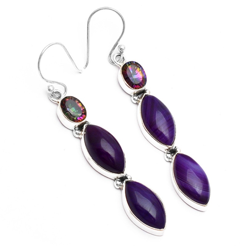 Purple Banded Agate Gemstone /& Sterling Silver Earrings.