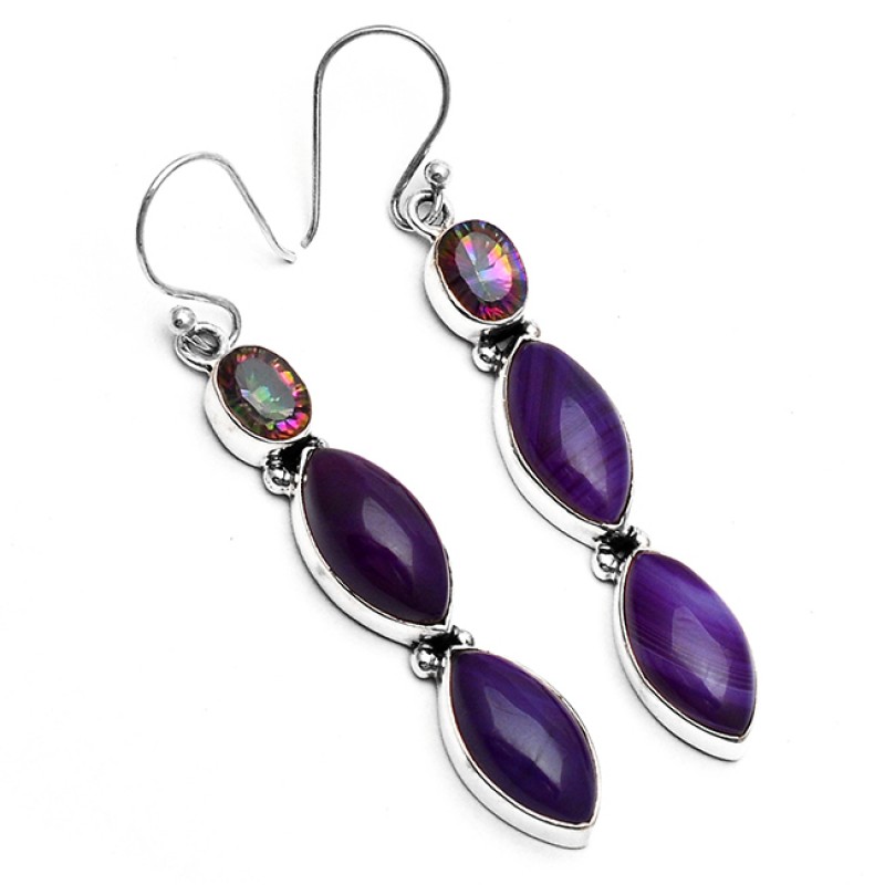 Purple Banded Agate Mystic Topaz Gemstone 925 Sterling Silver Dangle Earrings