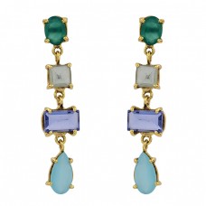 Crystal Onyx Tanzanite Chalcedony Gemstone 925 Silver Gold Plated Earrings
