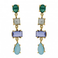 Crystal Onyx Tanzanite Chalcedony Gemstone 925 Silver Gold Plated Earrings