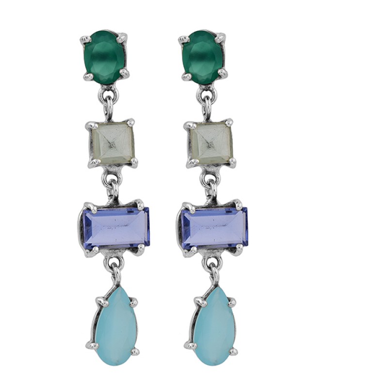Crystal Onyx Tanzanite Chalcedony Gemstone 925 Silver Gold Plated Earrings