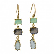 Green Amethyst Labradorite Moonstone 925 Sterling Silver Gold Plated Earrings