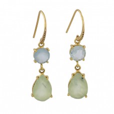 Aqua Prehnite Color Chalcedony Gemstone 925 Silver Gold Plated Earrings