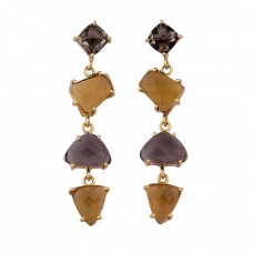 Smoky Quartz Citrine Gemstone 925 Sterling Silver Gold Plated Stud Earrings