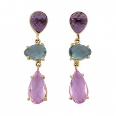 Pink Quartz Green Amethyst Gemstone 925 Sterling Silver Gold Plated Earrings