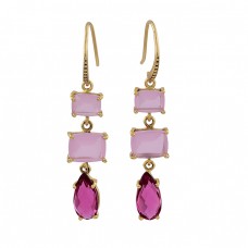 Rose Chalcedony Pink Tourmaline Gemstone 925 Silver Gold Plated Earrings