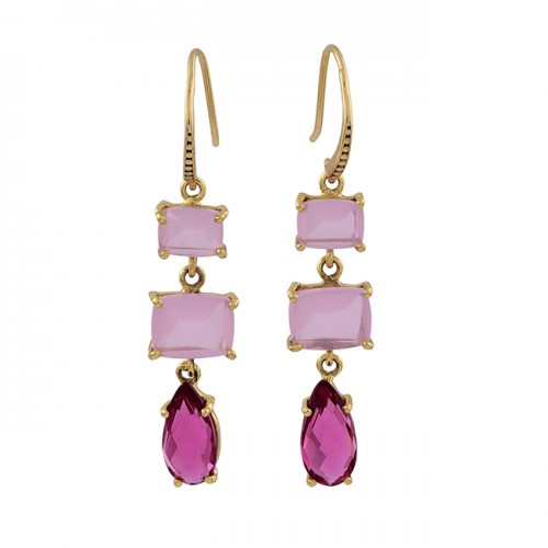 Rose Chalcedony Pink Tourmaline Gemstone 925 Silver Gold Plated Earrings