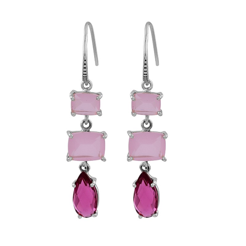 Rose Chalcedony Pink Tourmaline Gemstone 925 Silver Gold Plated Earrings