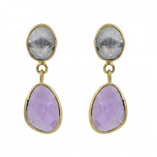 Aquamarine Amethyst Gemstone 925 Sterling Silver Gold Plated Stud Earrings