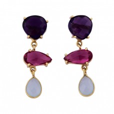 Amethyst Pink Quartz Chalcedony Gemstone 925 Silver Gold Plated Earrings