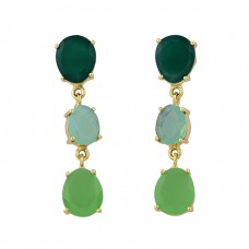 Green Onyx Moonstone Chalcedony Gemstone Gold Plated Stud Earrings