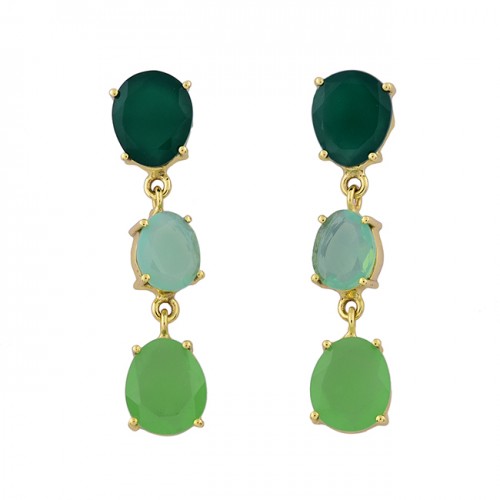 Green Onyx Moonstone Chalcedony Gemstone Gold Plated Stud Earrings