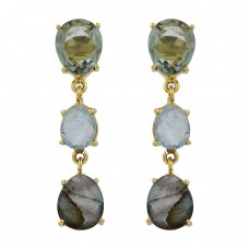 Green Amethyst Blue Topaz Labradorite Gemstone Gold Plated Stud Earrings