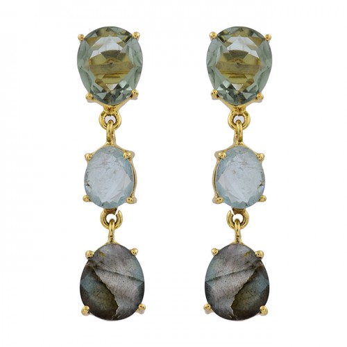 Green Amethyst Blue Topaz Labradorite Gemstone Gold Plated Stud Earrings