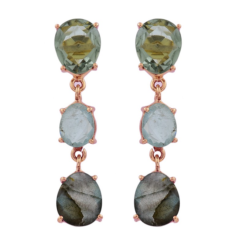 Green Amethyst Blue Topaz Labradorite Gemstone Gold Plated Stud Earrings