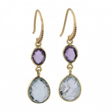 925 Sterling Silver Amethyst Aquamarine Gemstone Gold Plated Dangle Earrings