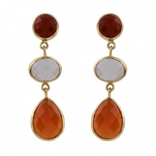 Red Onyx Smoky Quartz Carnelian Gemstone 925 Silver Gold Plated Stud Earrings