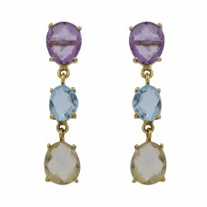 Amethyst Blue Topaz chalcedony Gemstone 925 Silver Gold Plated Stud Earrings