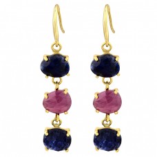 Prong Setting Sapphire Ruby Gemstone 925 Sterling Silver Gold Plated Earrings