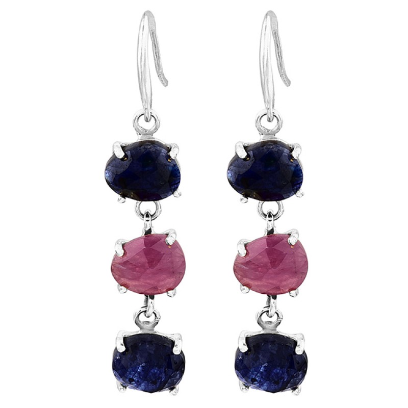 Prong Setting Sapphire Ruby Gemstone 925 Sterling Silver Gold Plated Earrings