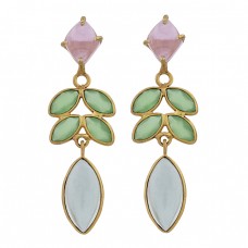 Rose Quartz Chalcedony Topaz Gemstone 925 Silver Gold Plated Stud Earrings