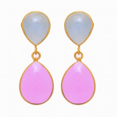 925 Sterling Silver Aqua Rose Color Chalcedony Gemstone Gold Plated Earrings