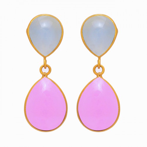 925 Sterling Silver Aqua Rose Color Chalcedony Gemstone Gold Plated Earrings