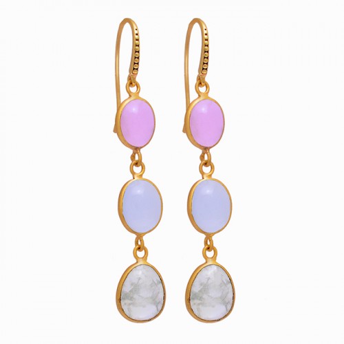 Cabochon Oval Shape Gemstone 925 Sterling Silver Gold Plated Dangle Earrings