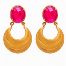 Oval Shape Ruby Gemstone 925 Sterling Silver Gold Plated Dangle Stud Earrings