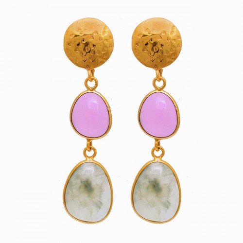 Rose Chalcedony Aquamarine Gemstone 925 Sterling Silver Gold Plated Earrings